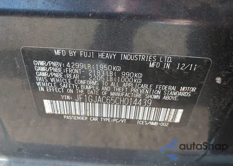 2012 Subaru Impreza 2.0I Premium from USA, damaged, VIN JF1GJAC65CH014439